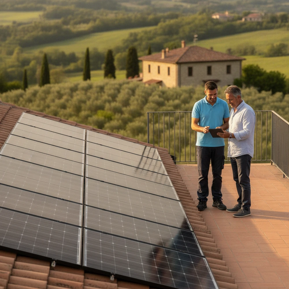 Tecnico Energetica e cliente osservano un impianto fotovoltaico su un tetto in Brianza